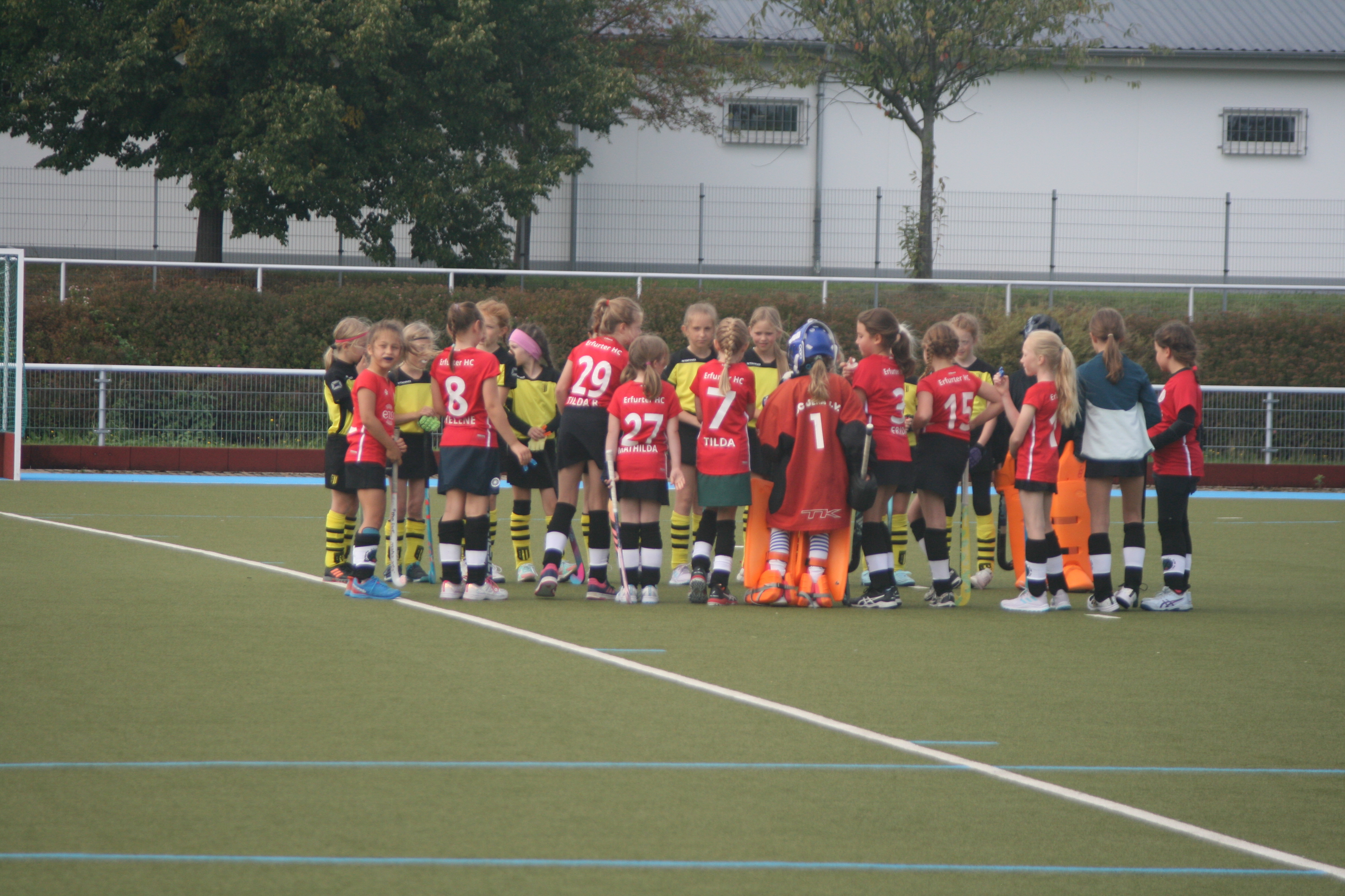 Hockeymannschaft in roten Trikots auf einem grünen Hockeyfeld steht vor einem Tor.