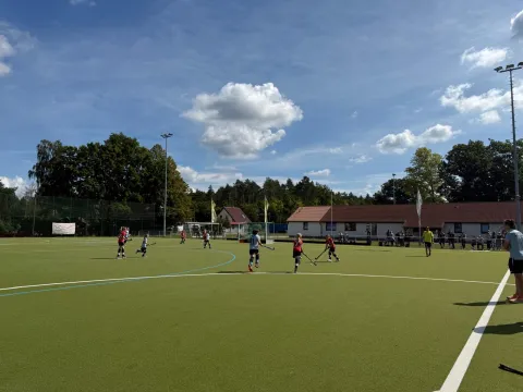 Hockeyspiel auf grünem Kunstrasen bei sonnigem Wetter.