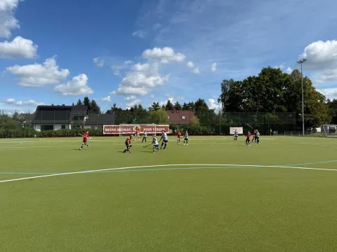Hockeyspiel auf einem grünen Feld an einem sonnigen Tag.