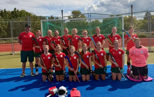 Gruppe in roten Trikots auf blauem Sportplatz, Hockey-Ausrüstung vorne.
