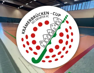 Veranstaltungslogo des Krämerbrücken-Cup vor einem Bild der Sporthalle